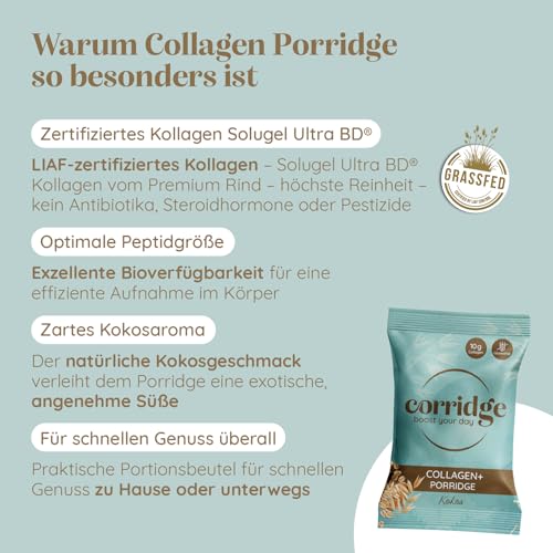 Corridge - High Protein Porridge mit Kollagen & Kokosgeschmack 10x70g - Proteinreiches Frühstück - Haferflocken Glutenfrei, Laktosefrei & ohne Zuckerzusatz - Collagen Typ 1 & 3 Haut, Haare, Nägel