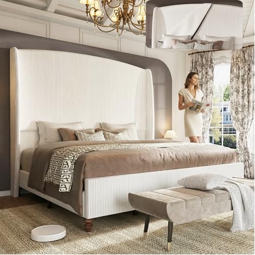 lividido 65.7 Tall Headboard Queen Size Upholstered Bed Frame with Wingback Soft Washable Corduroy Beds Cover Solid Wood Legs Noise-Free No Box Spring Needed Cream
