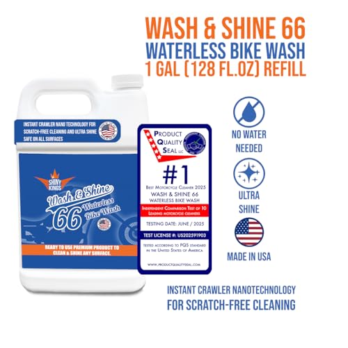 Image of Shinykings Motorcycle Cleaner Wash&Shine 66 | WATERLESS BIke Wash with Ultra Shine Finish | Powerful Motorcycle Detailing Spray for All Surfaces | Bike Cleaner California | 1 Gallon