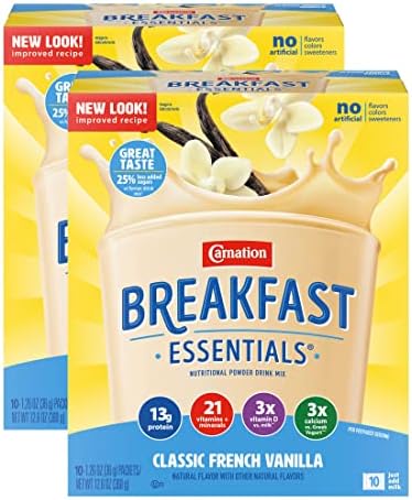 Carnation Breakfast Essentials Complete Nutritional Drink, Classic French Vanilla, 10-1.26 OZ Packets Per Box (Pack of 2)