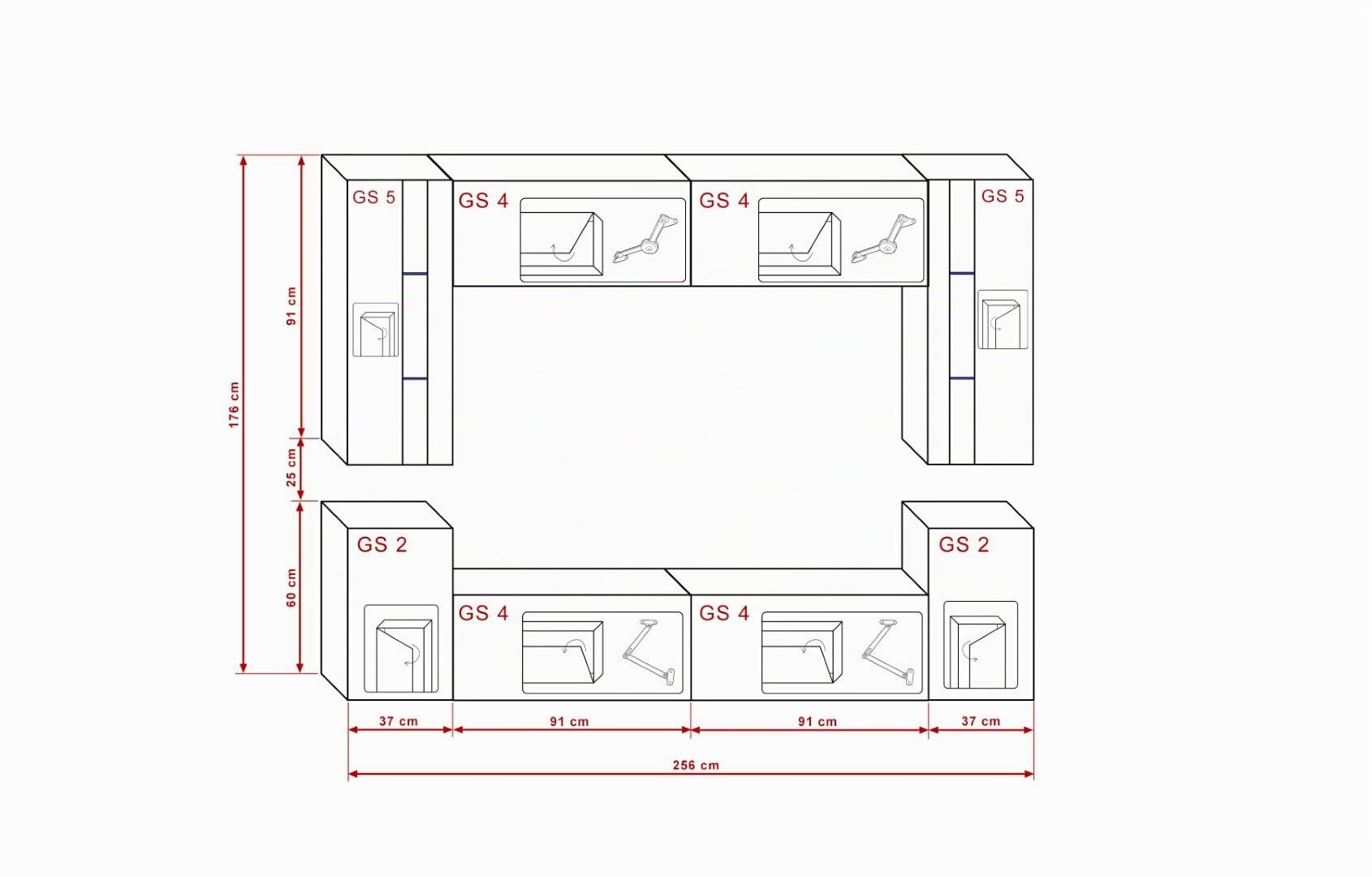 Furnitech Ensemble Meuble TV Mural Suspendu Salon – Meuble Salon Design Moderne avec Colonnes - Vitrines et Rangements – Mobilier avec Eclairage LED RVB - 16 Couleurs (24/M/DZ/5 1B Grand)