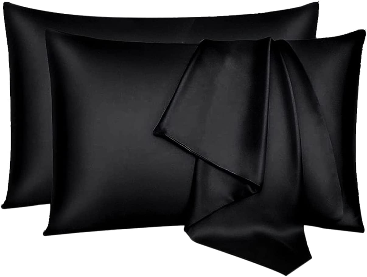 MahMir® Silk Satin Pillowcase for Hair and Skin Queen - Black Silk Pillowcase 2 Pack 75L x 50W CM (30x20 Inches) - Satin Pillow Cases Set of 2 with Envelope Closure (Black)