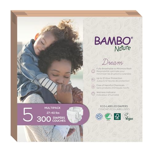 Image of Bambo Nature Hypoallergenic Dream Baby Diapers, Premium Eco-Labeled Sustainable Diapers, Enhanced Leakage Protection, Totally Chlorine-free, Skin Friendly, and Super Absorbent - Size 5 (300 Count)
