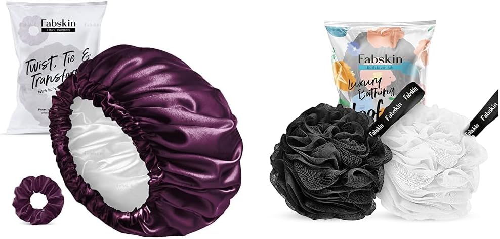 FABSKIN Luxury Satin Silk Hair Bonnet Cap for Sleeping with Satin Scrunchie | for Women & Girls | for Curly & All Hair Types - Wine & Luxury Bathing Round Loofah for Men and Women (Black and White)