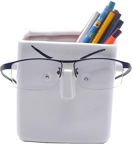 Miniatura 2 de Maceta de cerámica blanca de 5 x 5 pulgadas, maceta para suculentas, soporte para lápices de pintura con soporte para gafas, patio, balcón, patio,