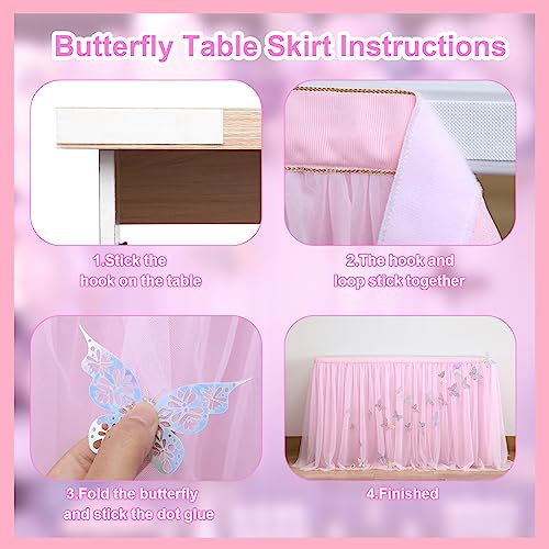 Image of 9ft Pink Butterfly Table Skirt for Rectangle Tables or Round Tables Tulle Tutu Table Skirt for Butterfly Theme Baby Shower Girls Birthday Party Wedding Cake Dessert Table Decorations