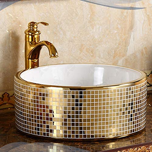 Cuba Redonda Banheiro Lavabo Em Louça Dourada Sobrepor Tubrax