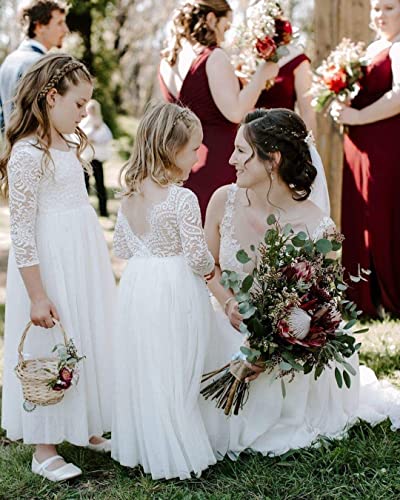 Girl Toddler Full-Length Straight Tulle Tutu Lace Back Party Flower Girl Dress (3-4T, Sleeve-White)