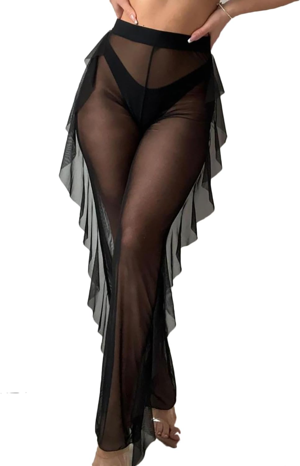 Women's Mesh Pants Ruffle Sheer Cover Up for Bikini Bottom See-through Trousers Long Perspective Swimsuit Clubwear - Image 7