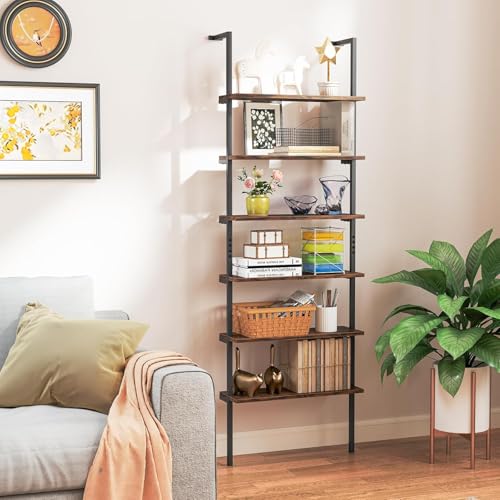 GIANTEX Estantería Escalera de 6 Niveles, 60 x 20 x 183 cm, Librería de Madera y Marco de Metal, Estantería de Exhibición de Pared, Organizador para Salón, Dormitorio, Estudio (Marrón)