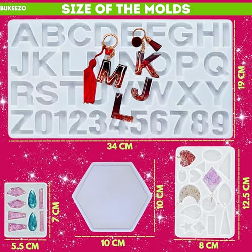 Image of Bukeezo Resin art kit with moulds-epoxy resin art kit-200 Gm, keychain earring jewellery ring Coaster Alphabet and Feather Bookmark making materials kit with Mica, Glitters, Pigments and Flakes all things (WITH FOUR MOULD)
