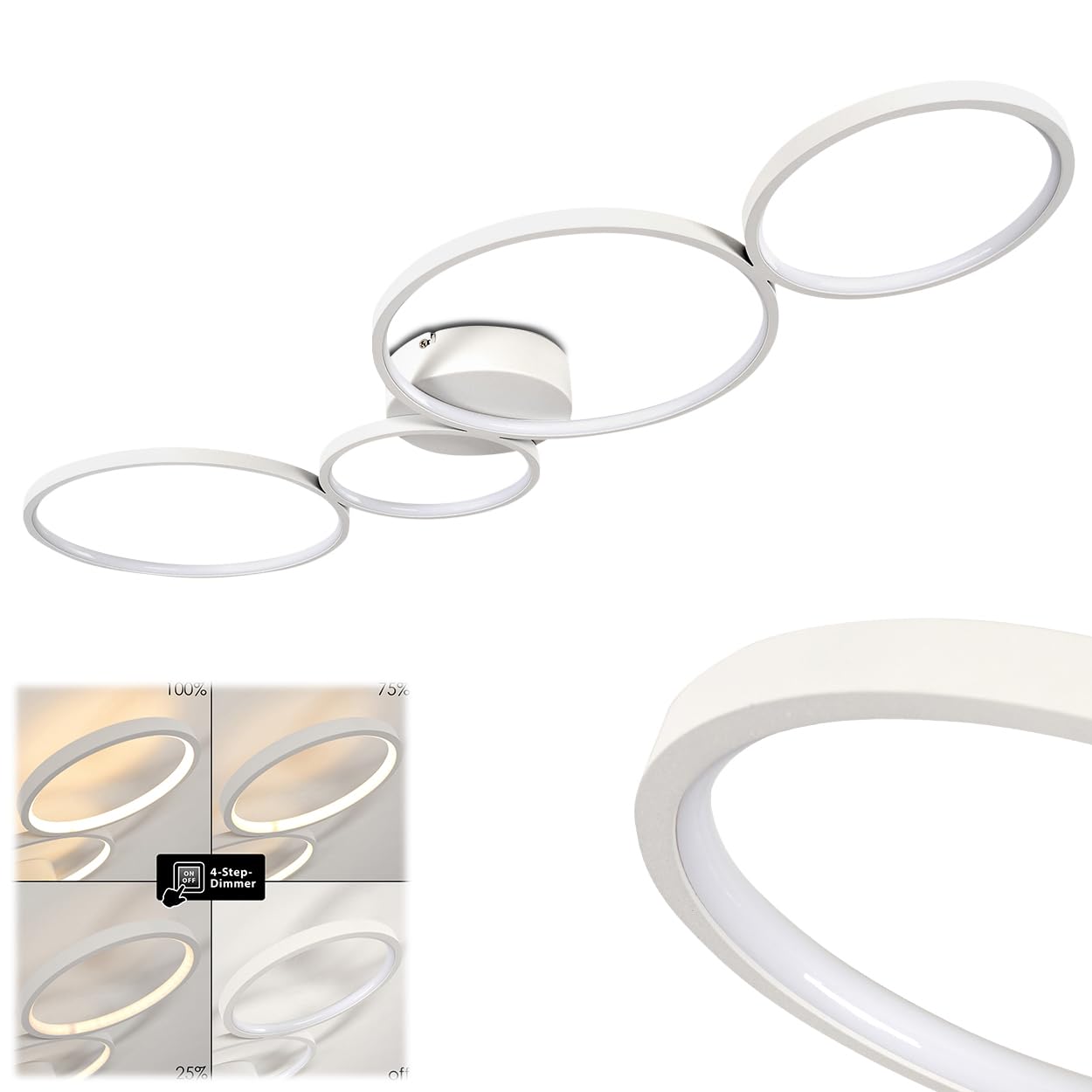 LED Ceiling Light Rodekro in White Metal, dimmable Designer Flush lamp with on/Off Switch Fitting in a Modern Living Room, 37 Watt, 3300 Lumen, 3000 Kelvin (Warm White)