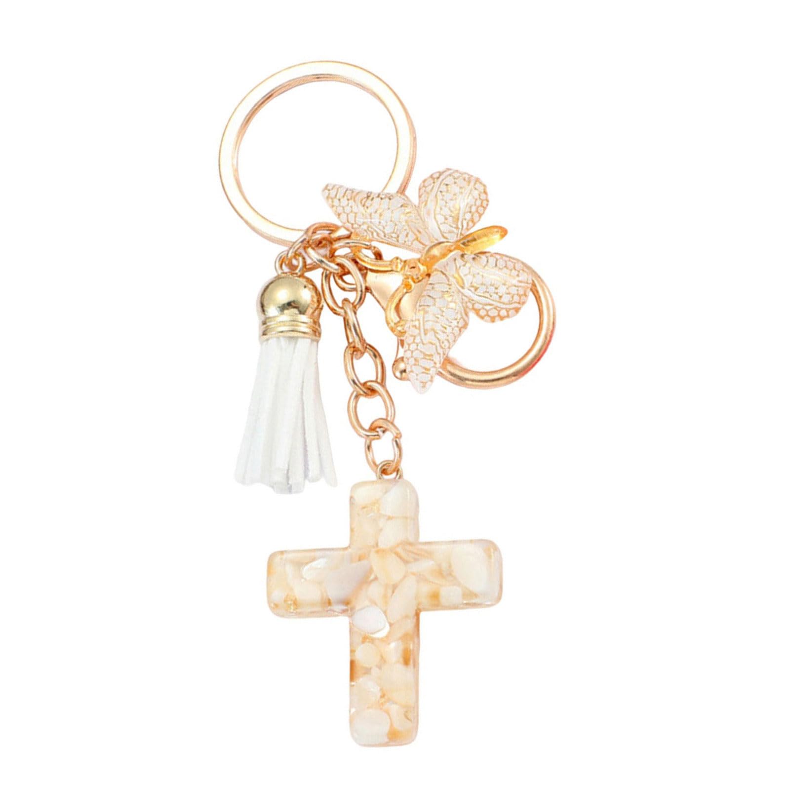 Buxuaaaa Women's White Resins Crosses And Butterfly Keychain Ornament With Tassels For Backpack Bag Charm And Holder Decoration Crosses And Butterfly Keychain Pendant