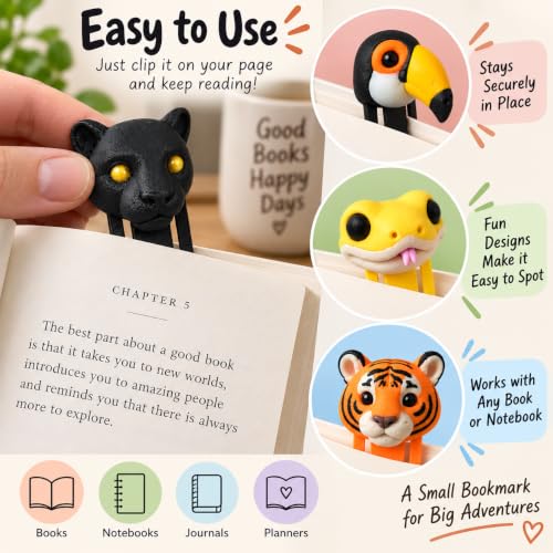 Image of 4 Pack Sanchi Homes Animal Bookmarks Set, Panther, Toucan, Snake, Tiger