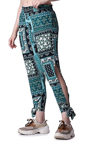 Image of POPWINGS Casual Boho Printed Side Long Slit Trousers for Women || Summer Wear Comfortable Pull-On Women Trousers || Western Relax-Fit Slit Trousers || Stylish Women Casual Trousers