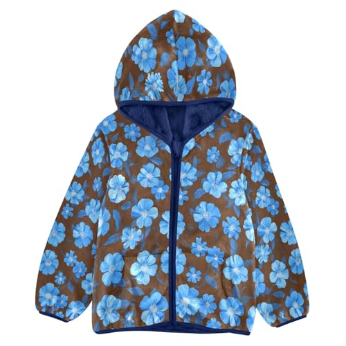 Floral Blue Pattern Print Toddler Fleece Jacket Girl Boys Hooded Fleece Jacket Coat Warm Outwear Zip-up 3-10T