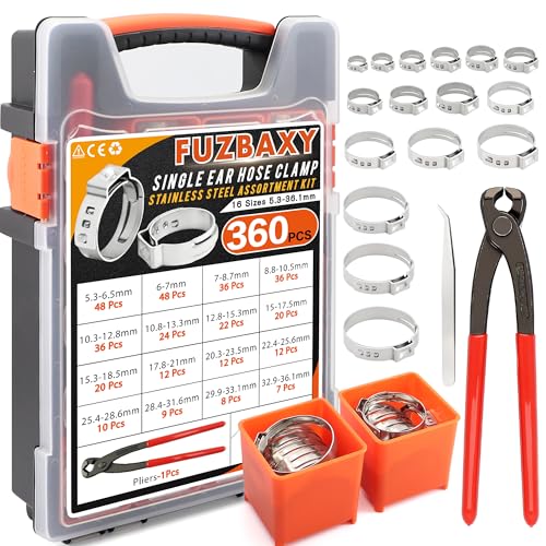 360Pcs 304 Stainless Single Ear Hose Clamp Kit with Pliers for PEX & Auto