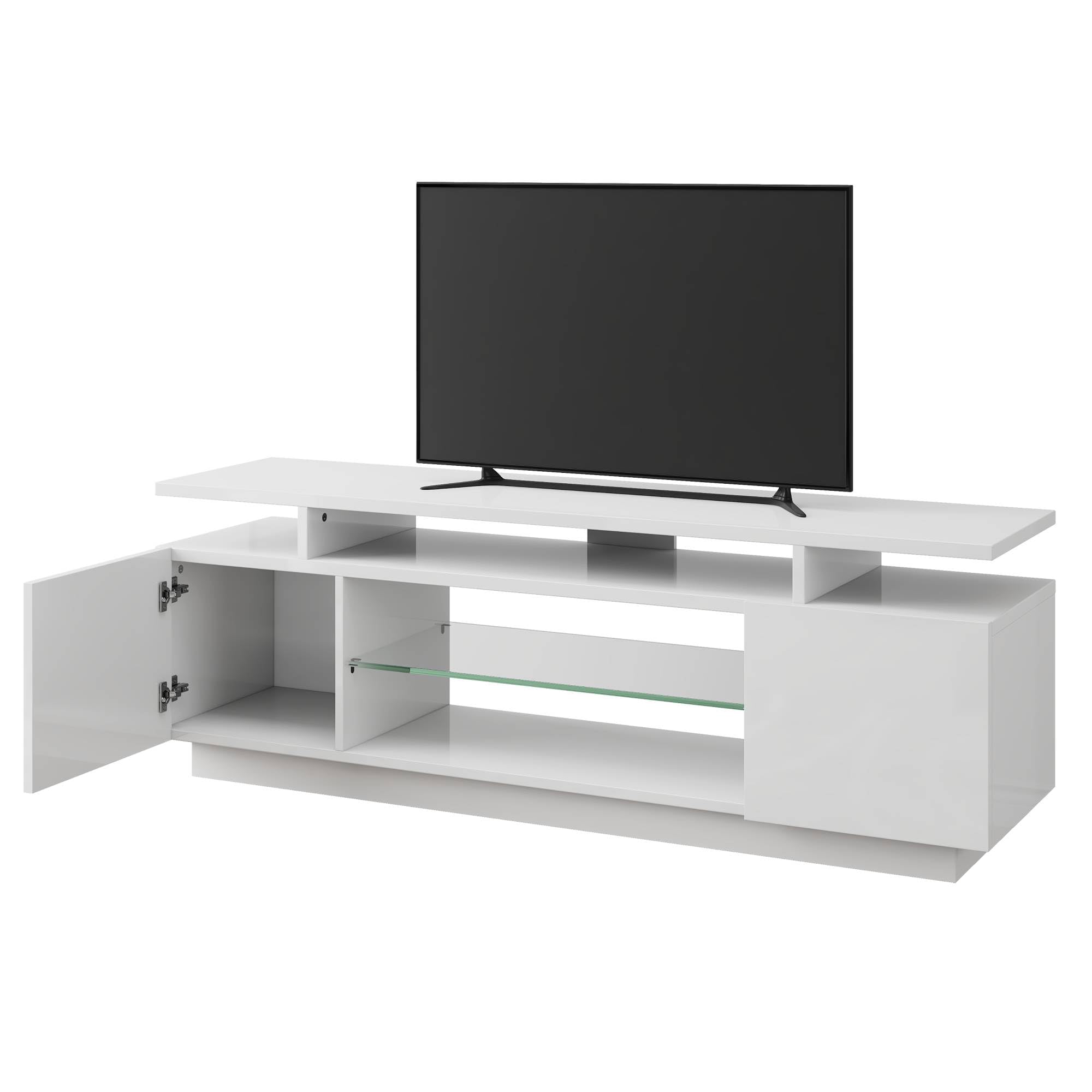 LUXOAK TV-Schrank mit LED Beleuchtung, für Fernseher bis 75 Zoll, Hochglanz TV Board mit großem Stauraum, 2 Türen & Glasablage, Fernsehtisch für Wohnzimmer Schlafzimmer, Weiß