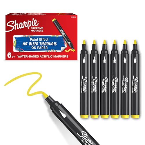 Sharpie Creative Marker Acrylic Paint Pens | Bullet Tip Water-Based Paint Markers | Yellow | No-Bleed Ink Writes on Most Surfaces | Crafting & Art Supplies | 6 Count