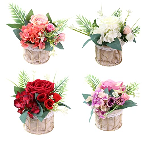 Dcqry Artificial Potted Rose Hydrangea Flowers, 7Inch Fake Plant Small Potted Plants With Metal Flower Baskets, Rose Arrangements Bonsai For Wedding Home Office Centerpiece Table Decor #TOP2