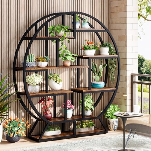 Image of Tribesigns Bookshelf, Round Bookshelves Etagere Bookcase, 63 Inch Industrial Wood Book Shelf with Staggered Shelves, Rustic Open Shelving Organizer Rack Display Shelf for Home Office, Living Room