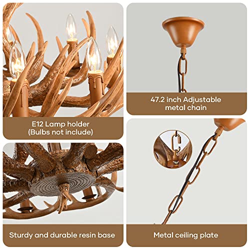 Ojzzg Antler Chandelier 9 Light, Brown Resin Deer Horn Antler Chandelier, Retro Antler Ceiling Light Fixtures For Kitchen, Bar, Living Room, Dining Room (9 Lights +12 Arms) #TOP4