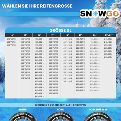 SNOWGO - Satz von 2 Textil-Schneesocken - Größe XS bis XXL- Zugelassen 16662-1 Europa - Kompatibel mit 4x4-Fahrzeugen, Elektrofahrzeugen, Kleintransportern und Nutzfahrzeugen <3,5T. (XL)