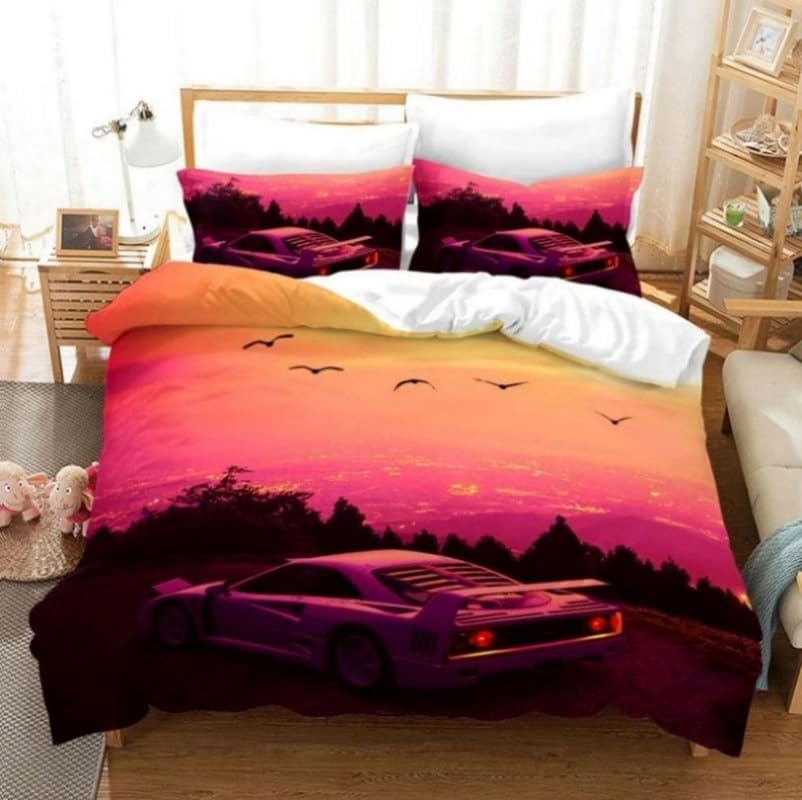 Housse de couette 220x240 en microfibre premium 110g/㎡ avec motif voiture de sport rose