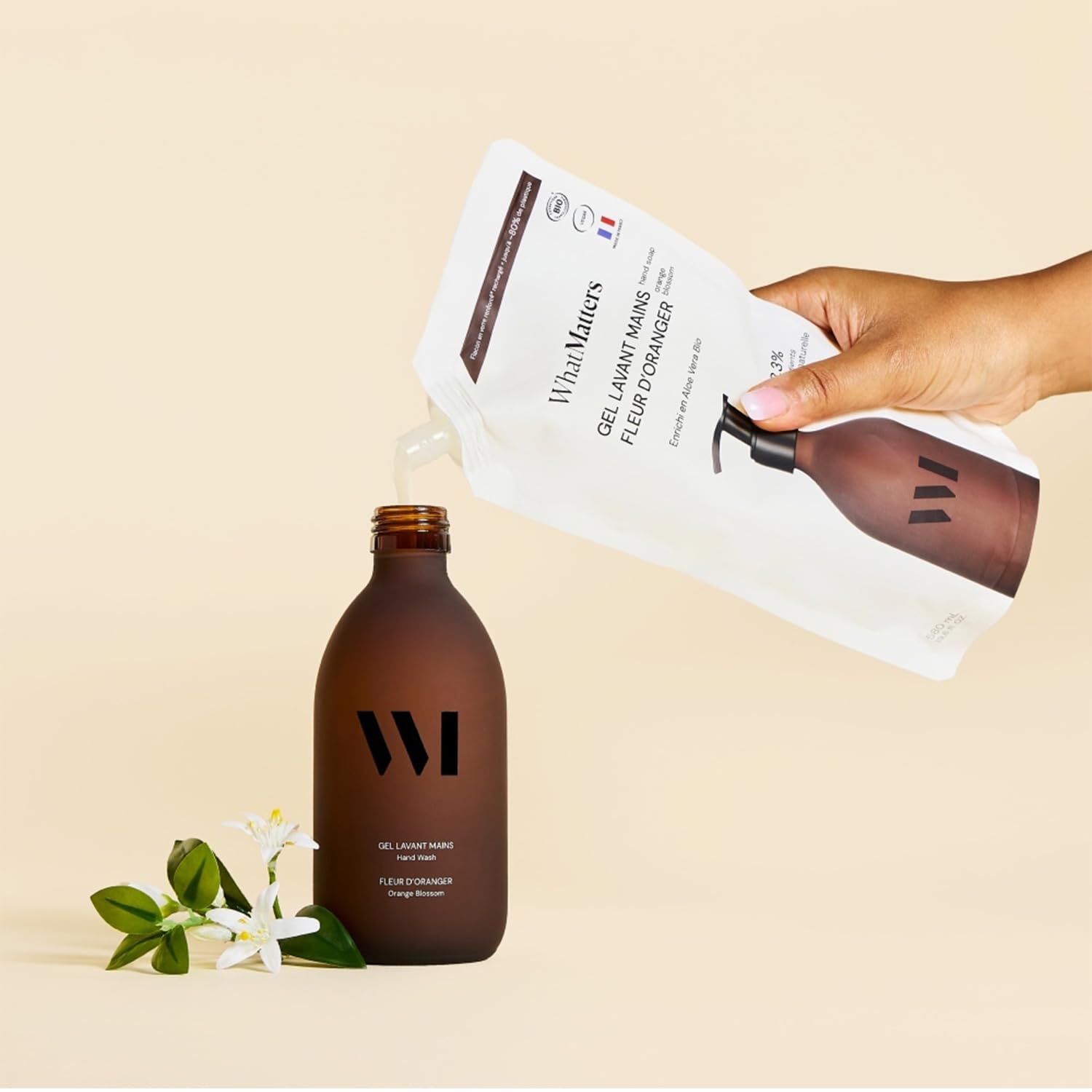 WHAT MATTERS Coffret Duo Cuisine Gel Lavant + Liquide Vaisselle 290ml | Fleur d'Oranger, Vegan, 99% d'origine naturelle, flacons pompe verre renforcé® rechargeables, fabriqué en France