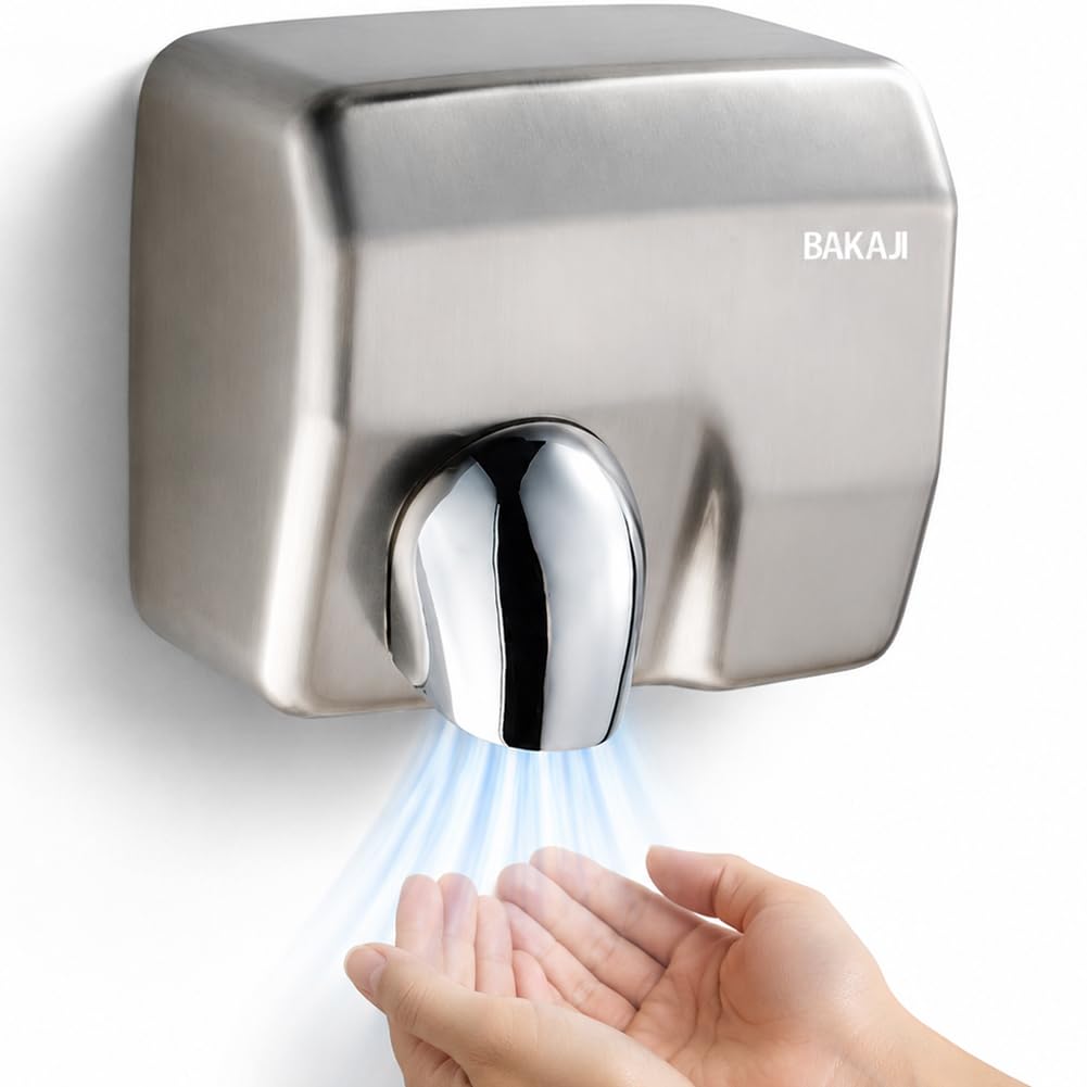 BAKAJI Secador de manos automático eléctrico de pared para hoteles, baños públicos, restaurantes, secador de manos de aire caliente de pared con sensor fotocélula, potencia 2300 W, secado a alta