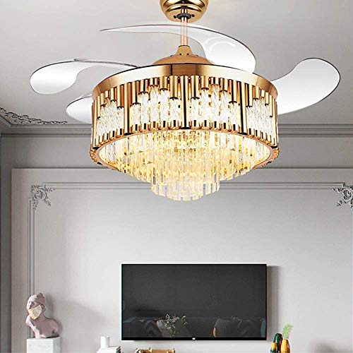 Crystal Ceiling Fan with Light, Retractable Ceiling Fan Light with Remote Control, Invisible Blades, 3 Color and Speed Change Crystal Chandelier Ceiling Fan for Living Room 42 Inch (Gold)
