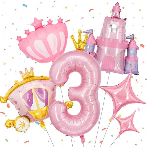 Minyu 6-Piece Princess Theme Party Decoration Set: Princess Carriage + Pink Castle + 40-inch Numbers + Crown Heart + Star Foil Balloons. Birthday Party Girl Decorations. (Number 3)