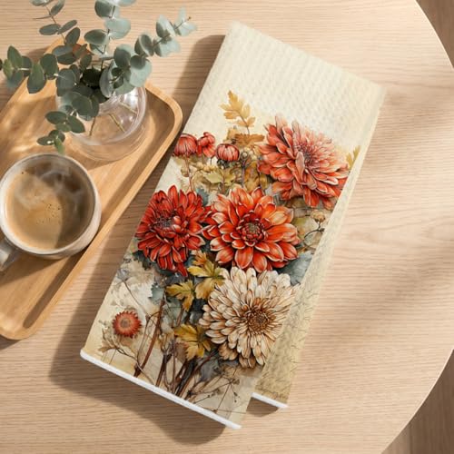 Image of 4Pcs Vintage Red Floral Kitchen Towels, Artistic Flower Decorative Absorbent Microfiber Dish Cloth Tea Towel, Durable Hand Towels for Farmhouse Home Bathroom, Housewarming Gifts