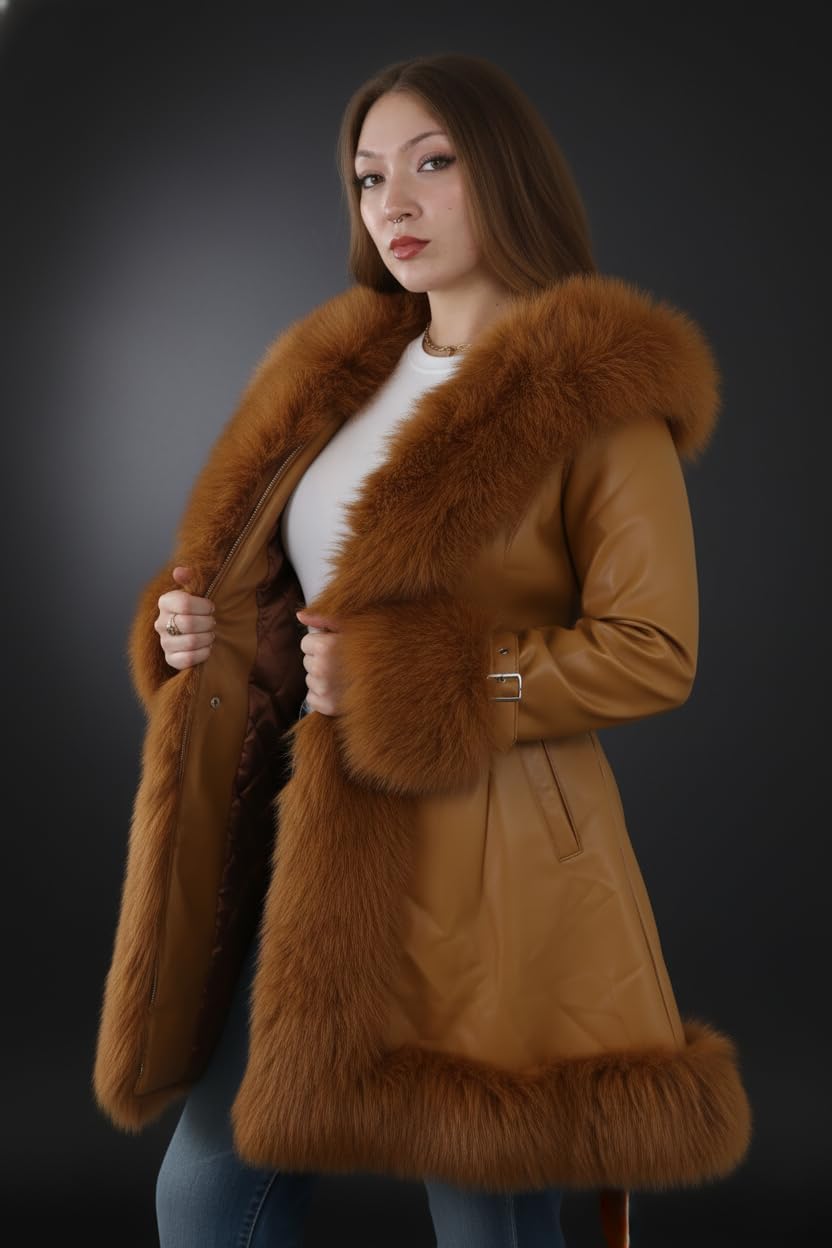DLNYC Women’s Vegan Leather Belted A Line Winter Coat with Faux Fur Trim Hood, 3/4 Length, Luxurious Winter Fashion Outerwear