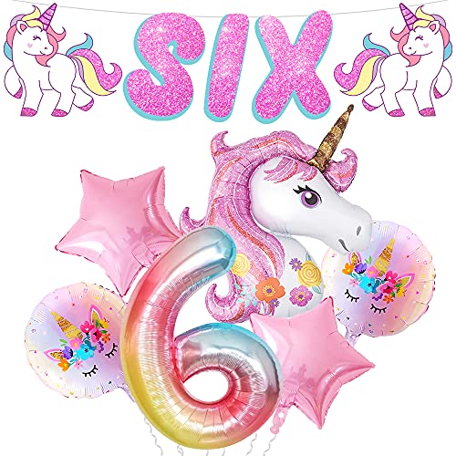 Unicorn Six Banner with Number 6 Balloon, 40 Inch -Giant Unicorn Head Balloon, 43 Inch | Unicorn 6th Birthday Decorations for Girls | Unicorn Balloons 6th Birthday for 6 Year Old Birthday Party Supply