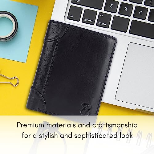 Image of Zeetap Genuine Leather Wallet for Men | RFID Blocking Wallet | Mens Leather Wallet with Zip | Slim Bifold Wallet with 9 Card Slots | Gift for Men (Black)