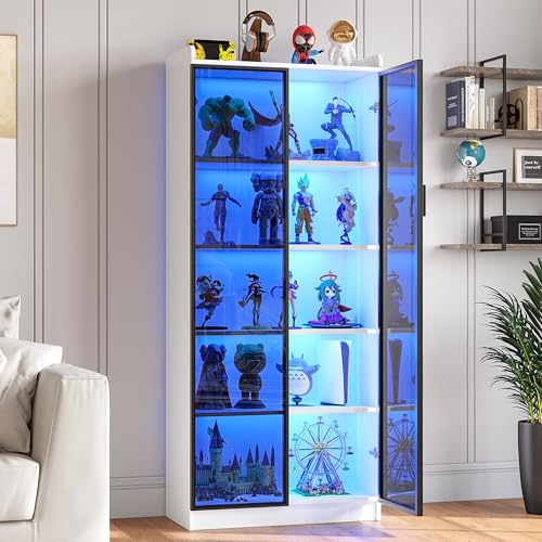 FREDEES Vitrine mit LED Beleuchtung, 5-stöckige Sammlervitrine mit Intelligente Sensorik, Acryl Standvitrine mit Verstellbaren Einlegeböden für Wohnzimmer Büro, Weiß