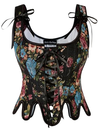 Image of Scarlet Darkness Corset Tops for Women Floral Renaissance Bustier Bodice | Ideal for Halloween, Ren Faire, Theme Party; Overbust, Adjustable Straps, Lace Up, Irregular Hem, Zip Closure, Hand Wash