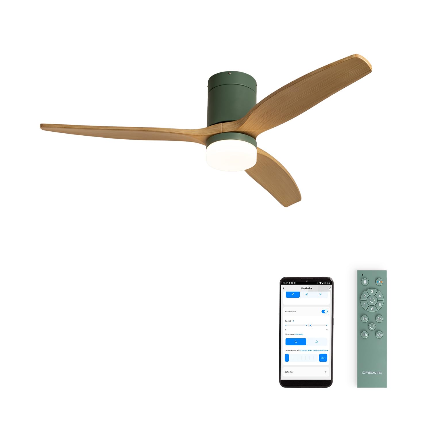 CREATE / WINDCALM M/Ventilador de techo ABS con luz verde sage aspas efecto madera clara con Wifi y mando / 40W, Silencioso, Ø132 cm, 3 temperaturas de luz, temporizador, función verano-invierno