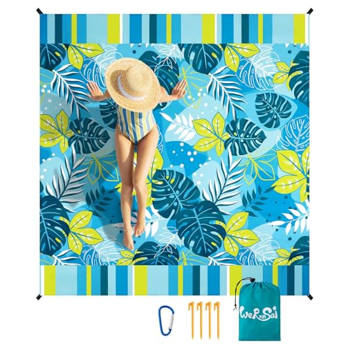 Beach Blanket Waterproof Sandproof - Extra Large Beach Blanket 79" x 83" Beach Mat Sand Free with 4 Stakes Pockets Quick Dry Lightweight Blue Plant Pattern Picnic Mat for Beach Party Camping Hiking