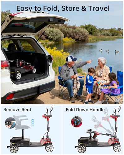 Image of 4 Wheel Mobility Scooter for Seniors & Adults, Foldable Portable Motorized Electric Scooters with Removable Battery for 15 Miles Travel, 330 LB Capacity, Dual Baskets & Rotating Seat (Red)