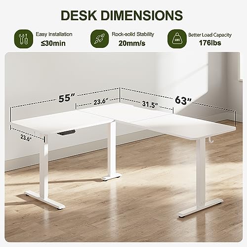 Image of BANTI L-Shaped Standing Desk - 63 x 55 Inch Adjustable Corner Standing Desk with Charging Station - L Shape Sit Stand Table with Memory Controller, Splice Board for Home Office, White