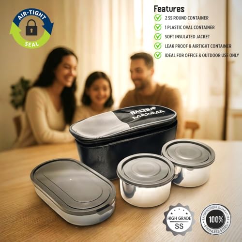 Image of BALTRA LUNA Set of 3Pcs Lunch Box with Insulated Fabric Bag For Daily Use | 2 x 220ml Stainless Steel Container, 1 x Oval Container | Lightweight Leakproof Airtight Tiffin Box Case For Office & Travel