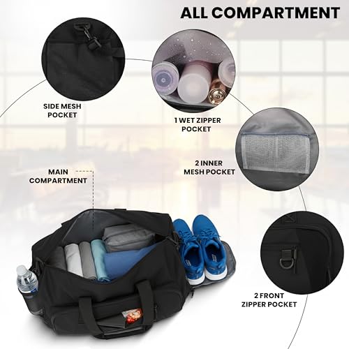 Image of Storite Nylon 50.5cm Travel Duffel Bag for Men & Women with Dry & Wet Pocket, Lightweight Water Resistant Luggage Bag with Shoe Compartment (Black, 50.5x23x28cm)