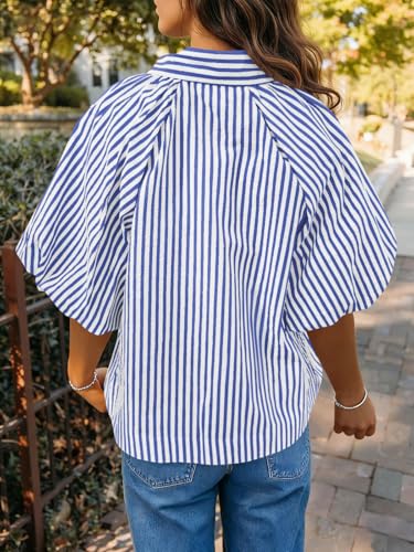 Image of Tankaneo Womens Short Puff Sleeve Button Down Shirts Striped Trendy Casual Loose Fit Blouse V Neck Collared Tops
