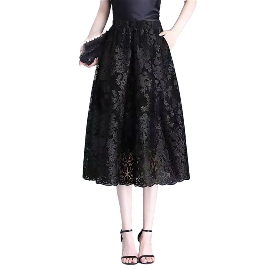 Jupe en gaze brodée taille haute A-Line en dentelle pour femme