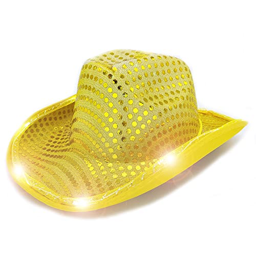 winvin Led Hat Cowboy Sequin Party Cap Flashing Light Up Dance Party Cowboy (Yellow, Medium) for Wedding, Halloween, Birthday, Festival, Themed Parties and Rodeo