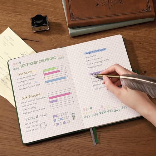 Image of AHGXG Graph Grid Paper Notebook, 192 Pages, A5 Medium Size (5.7'' x 8.3'') | 5 Squares per Inch, Leather Hardcover, 100 GSM Thick Paper, for School, Students, Math, Engineering (Dark green)