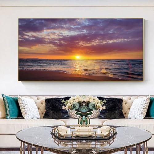 Toile paysage marin vagues et coucher de soleil décoration salon 65x130cm