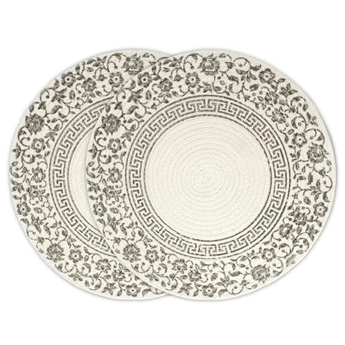 Image of Dining Table Mats Set of 2 | Cotton Table Mat 32 cm Diameter, Encasa XO Washable Round Table Mats, Heat Resistance Dining Table Placemats, Handmade Ribbed Style for Centre Table, Printed Grey